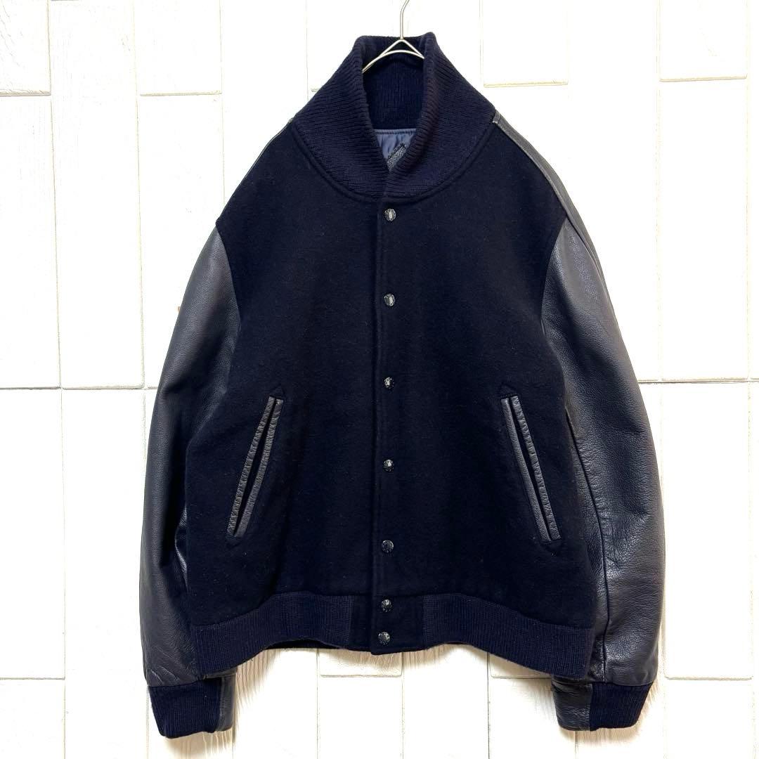 希少 nanamica ナナミカ 袖レザー メルトン スタジャン ネイビー色 S