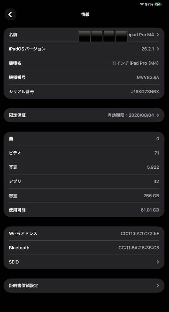 iPad Pro 11 (M4モデル）256GB Wi-Fi スペースグレー