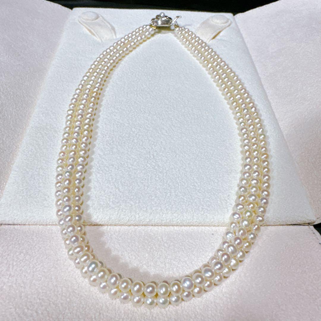 テリ良 あこや真珠 3連ネックレス ベビーパール シルバー刻印