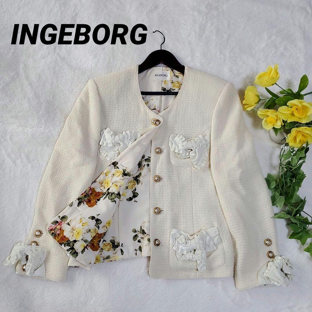 インゲボルグ　ツイードノーカラージャケット　パールボタン　リボン　花柄　リボン