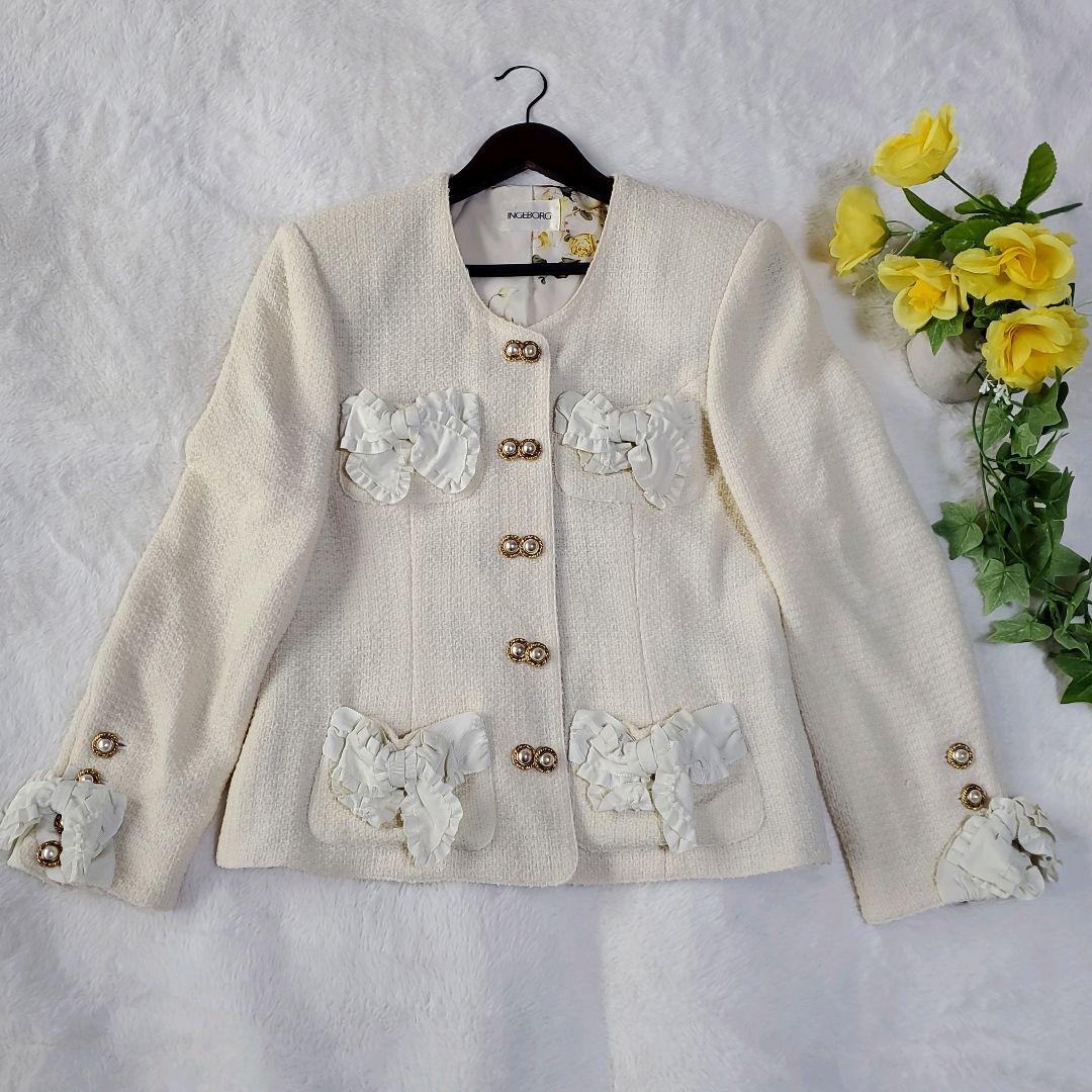インゲボルグ　ツイードノーカラージャケット　パールボタン　リボン　花柄　リボン