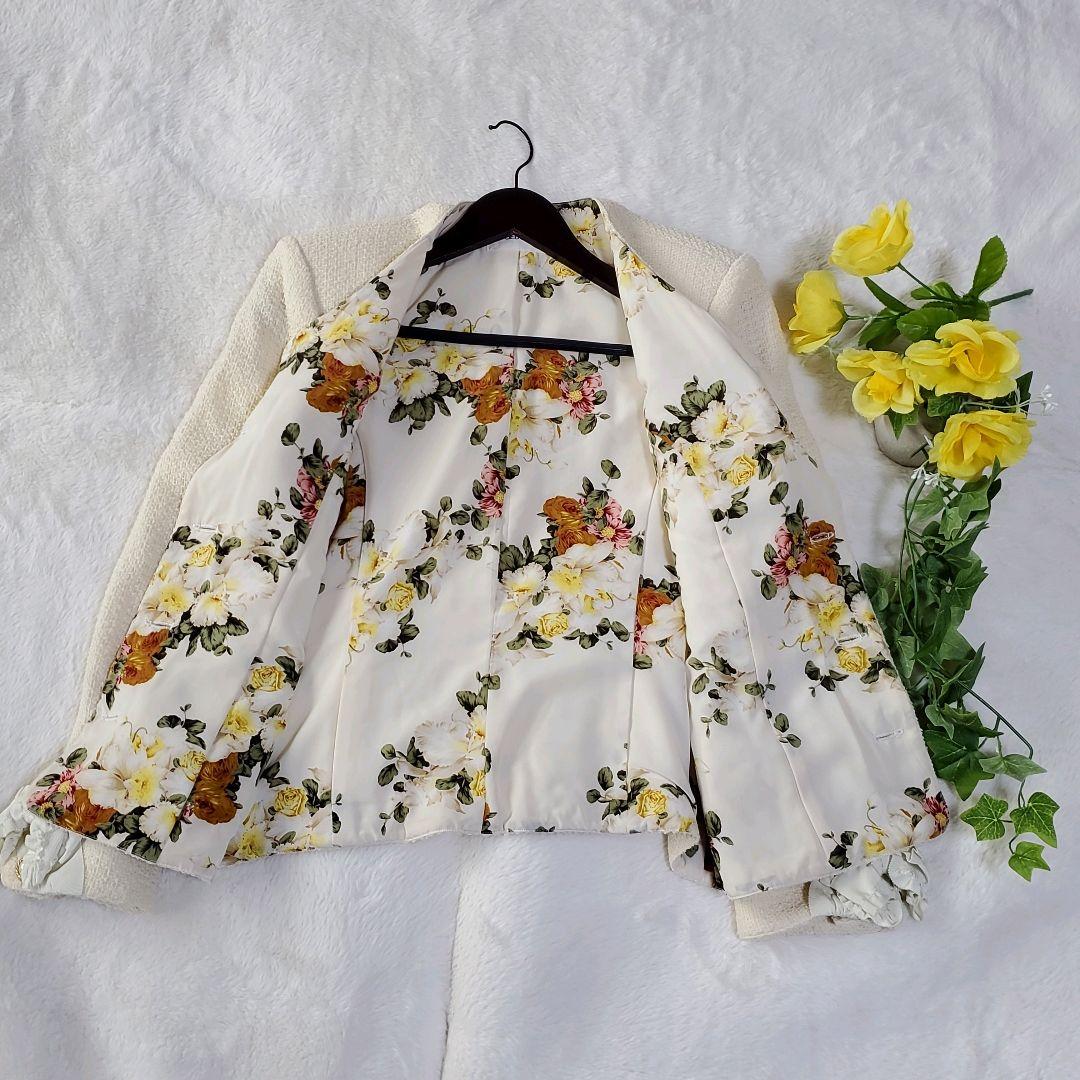 インゲボルグ　ツイードノーカラージャケット　パールボタン　リボン　花柄　リボン