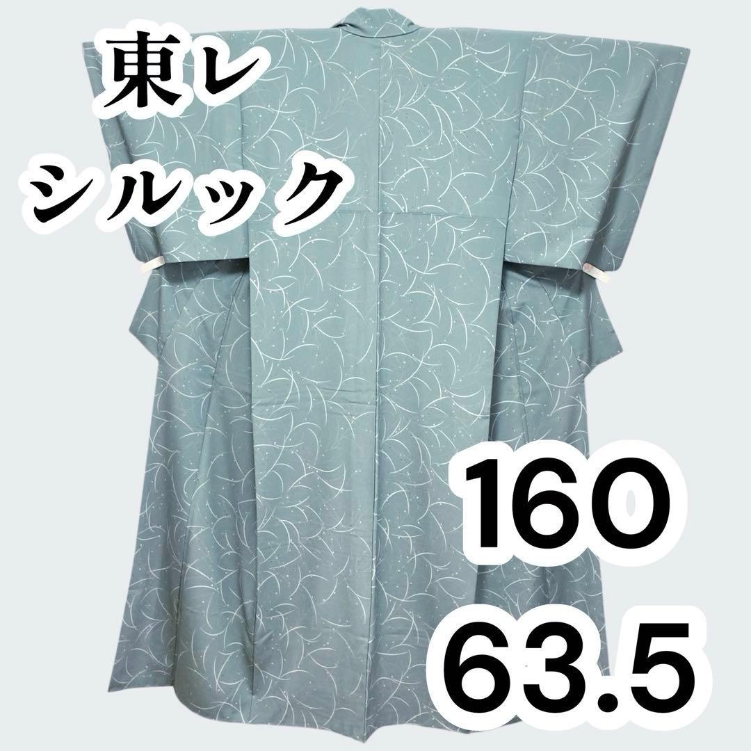 【美品✨】東レシルック　洗える着物　小紋　緑みのグレー　葉と実　袷　F1