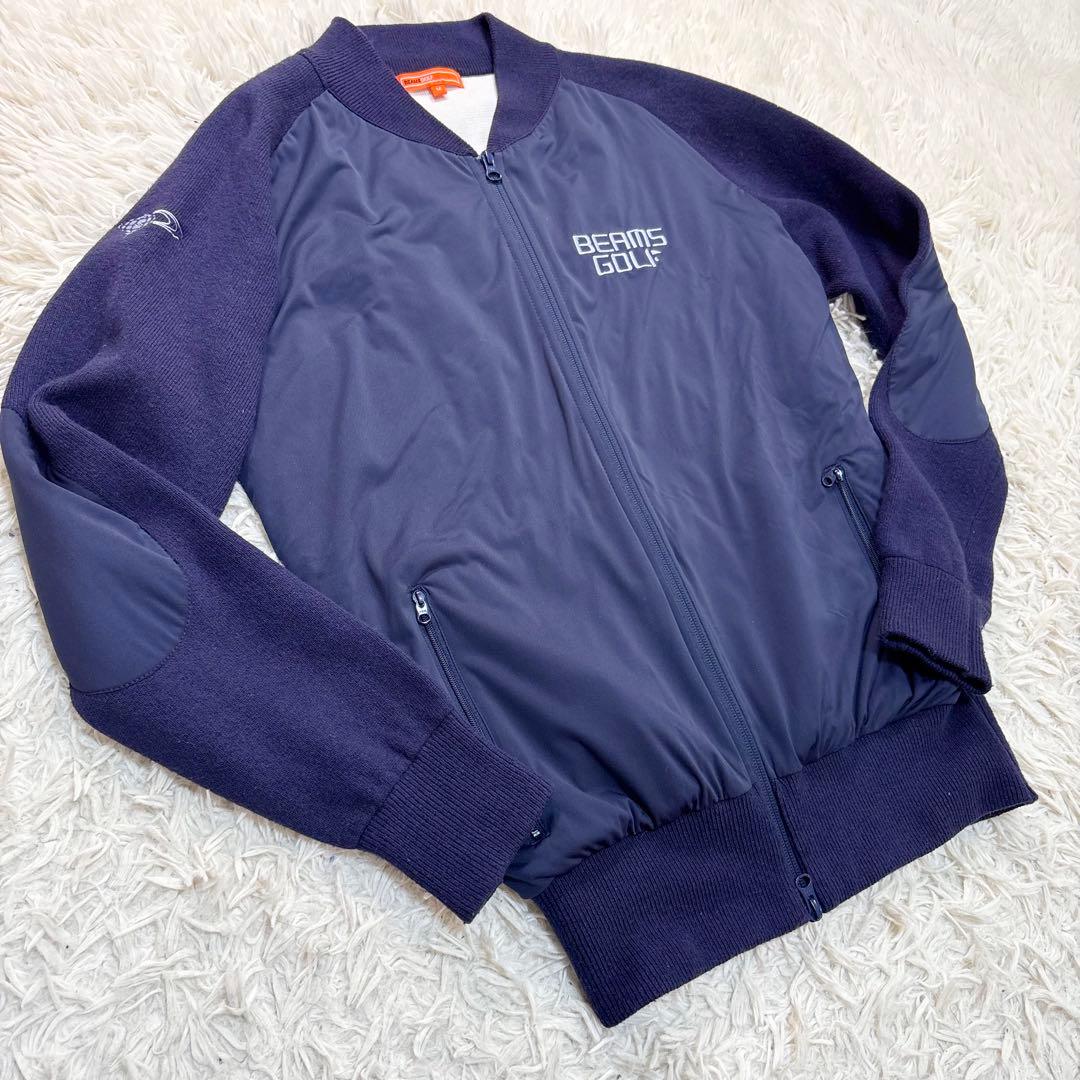 ビームスゴルフ　ニットジップ　ジャケット　シルク混　切替　中綿　ロゴ刺繍