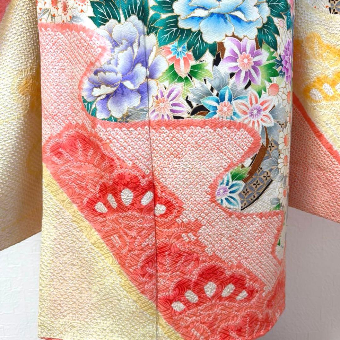 491 振袖フルセット 正絹 コーラルオレンジ クリームイエロー 絞り 金彩