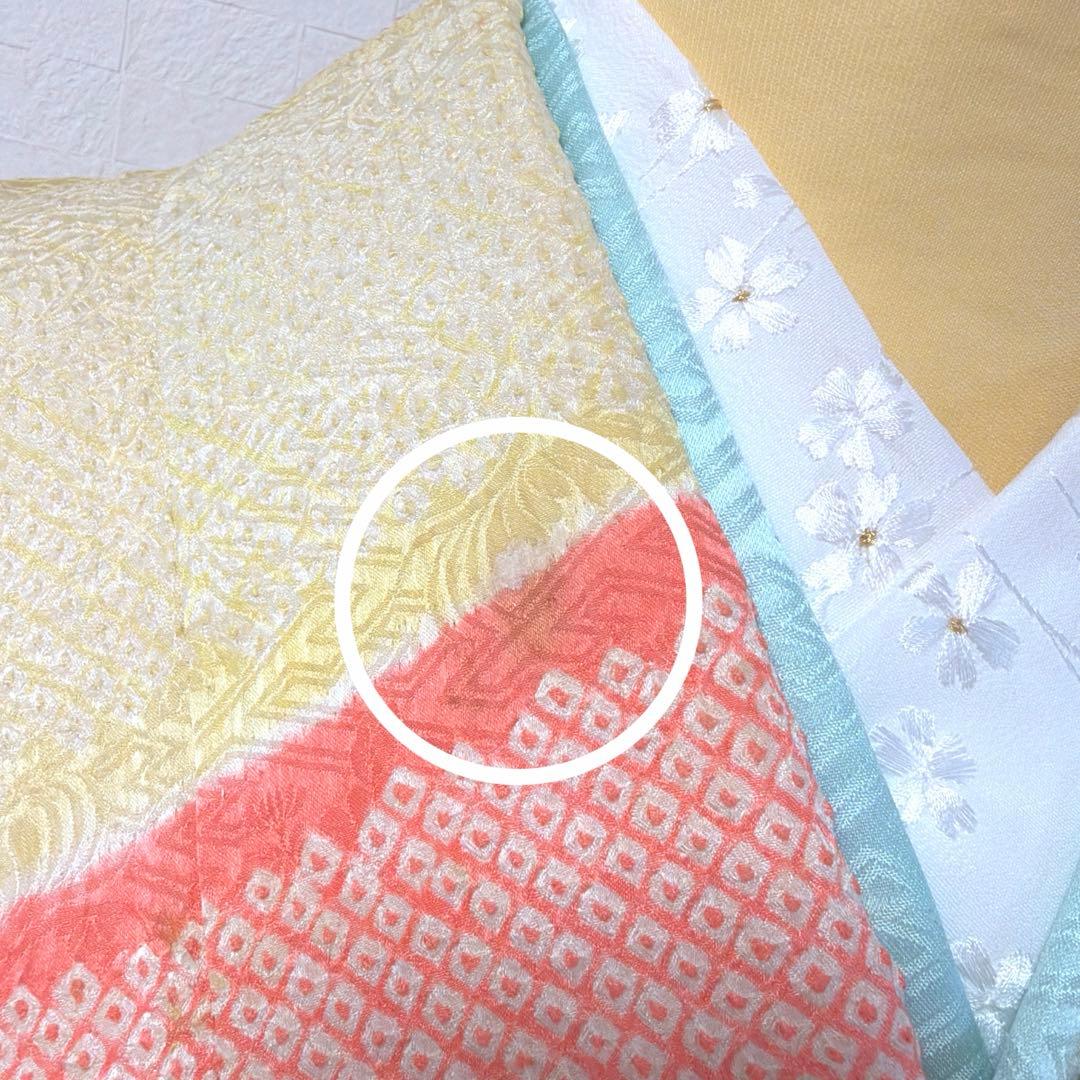 491 振袖フルセット 正絹 コーラルオレンジ クリームイエロー 絞り 金彩