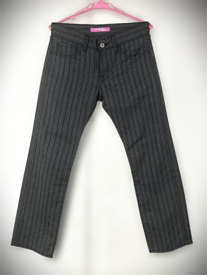 ジュンヤマンピンク グレイ＆黒 ストライプパンツ ウール＆ポリ M