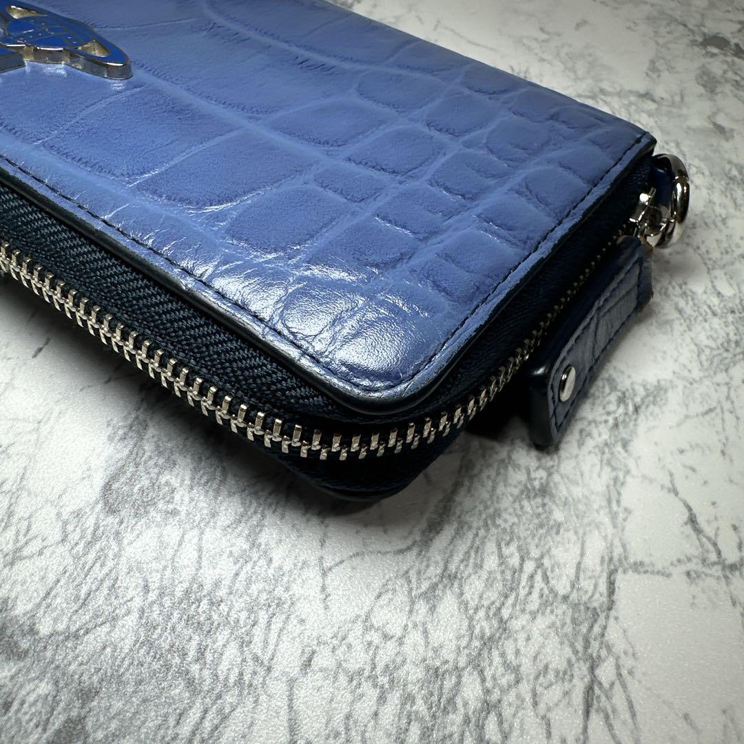 クロコ型押しレザー長財布　ラウンドファスナー　オーブ　ブルー　タッセル付き