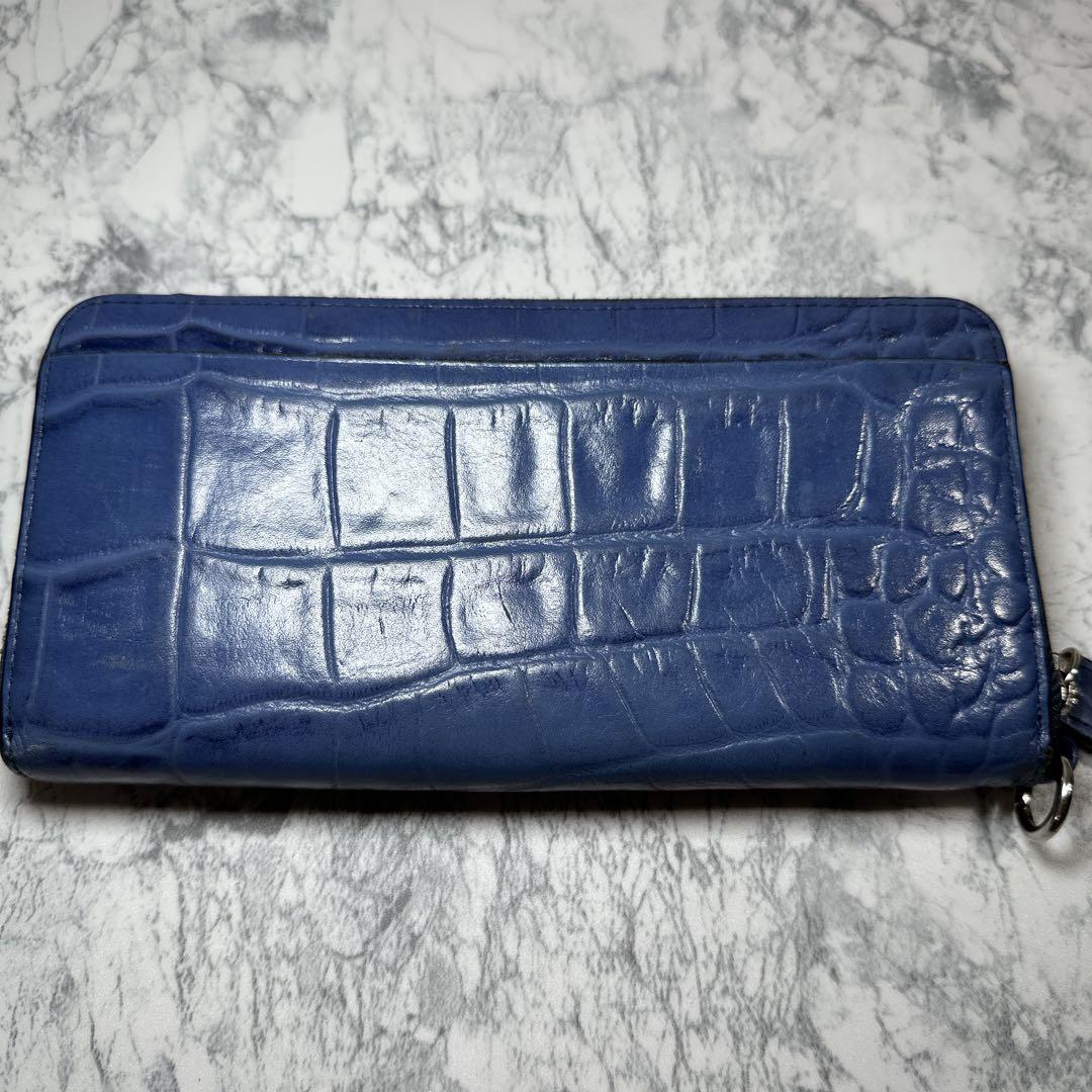 クロコ型押しレザー長財布　ラウンドファスナー　オーブ　ブルー　タッセル付き