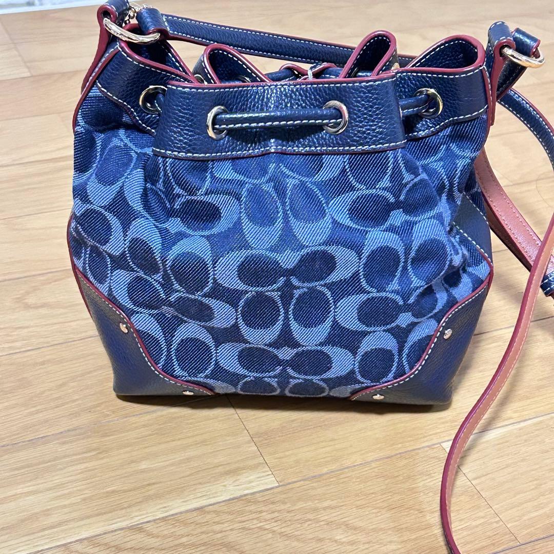 COACH シグネチャー柄 デニム 巾着 ショルダーバッグ