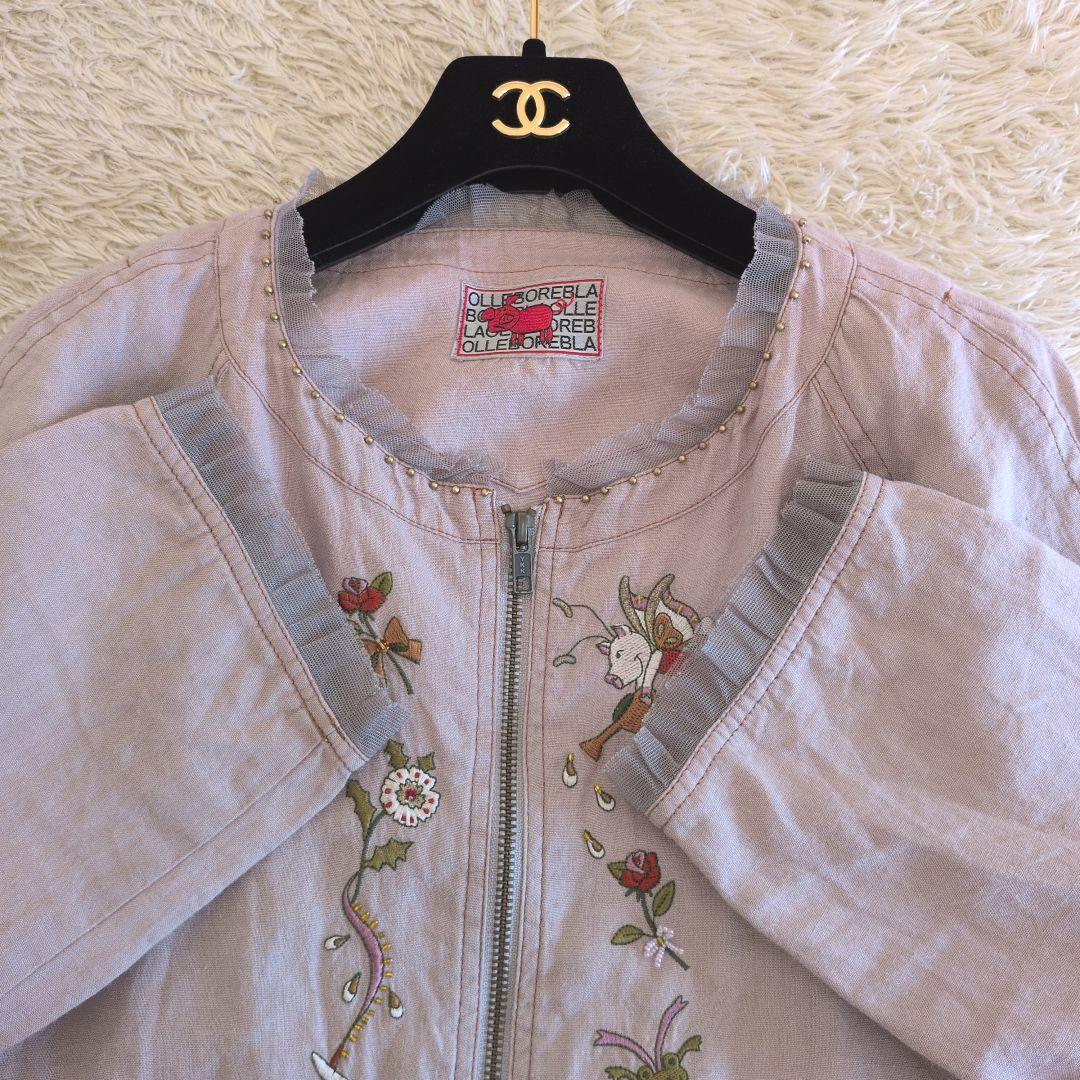 日本製★OLLEBOREBLA　ノーカラージャケット　リネン　ぶたさん　刺繍