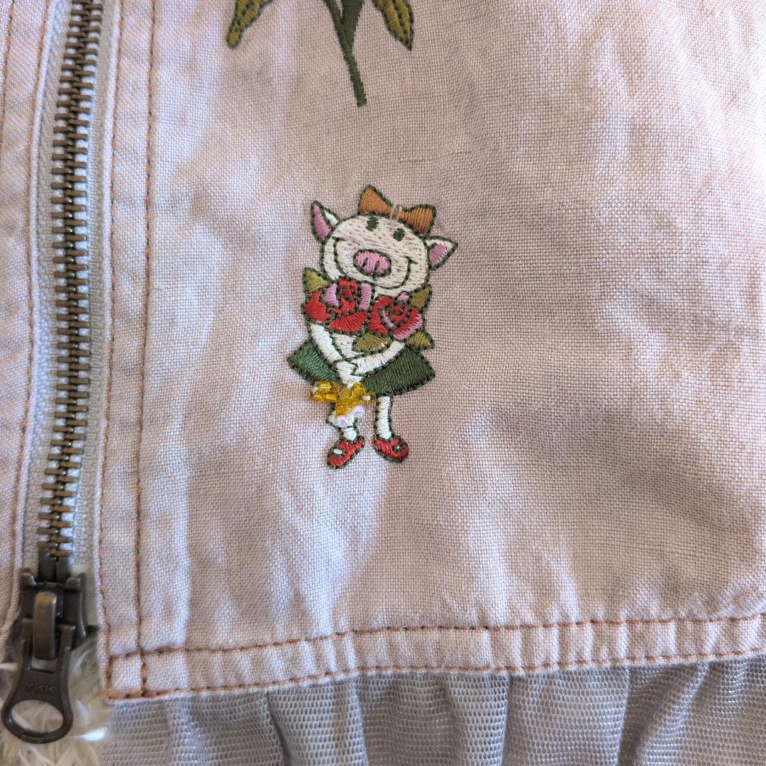 日本製★OLLEBOREBLA　ノーカラージャケット　リネン　ぶたさん　刺繍