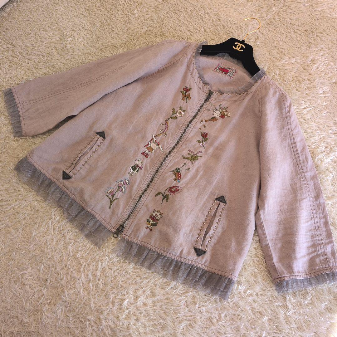 日本製★OLLEBOREBLA　ノーカラージャケット　リネン　ぶたさん　刺繍