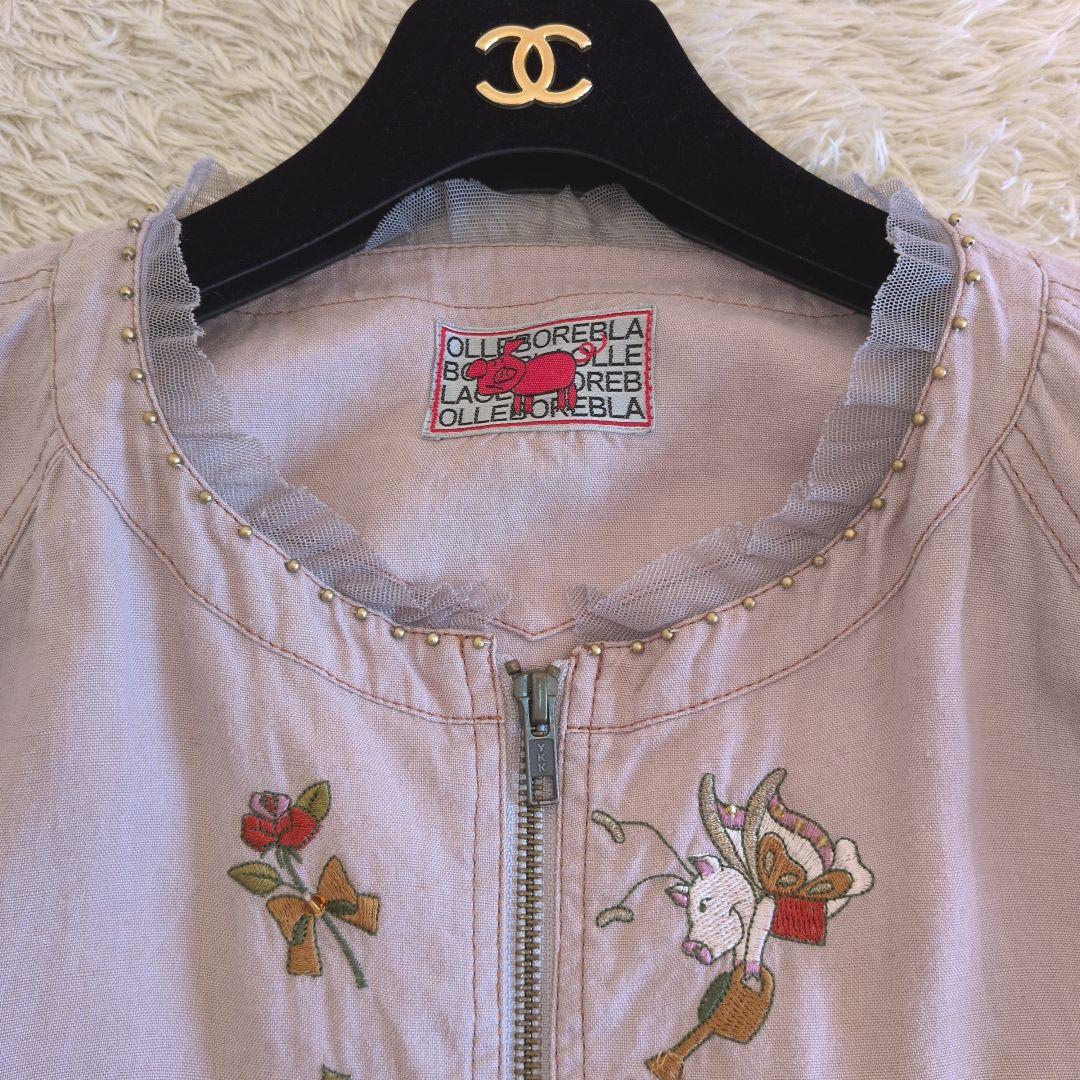 日本製★OLLEBOREBLA　ノーカラージャケット　リネン　ぶたさん　刺繍