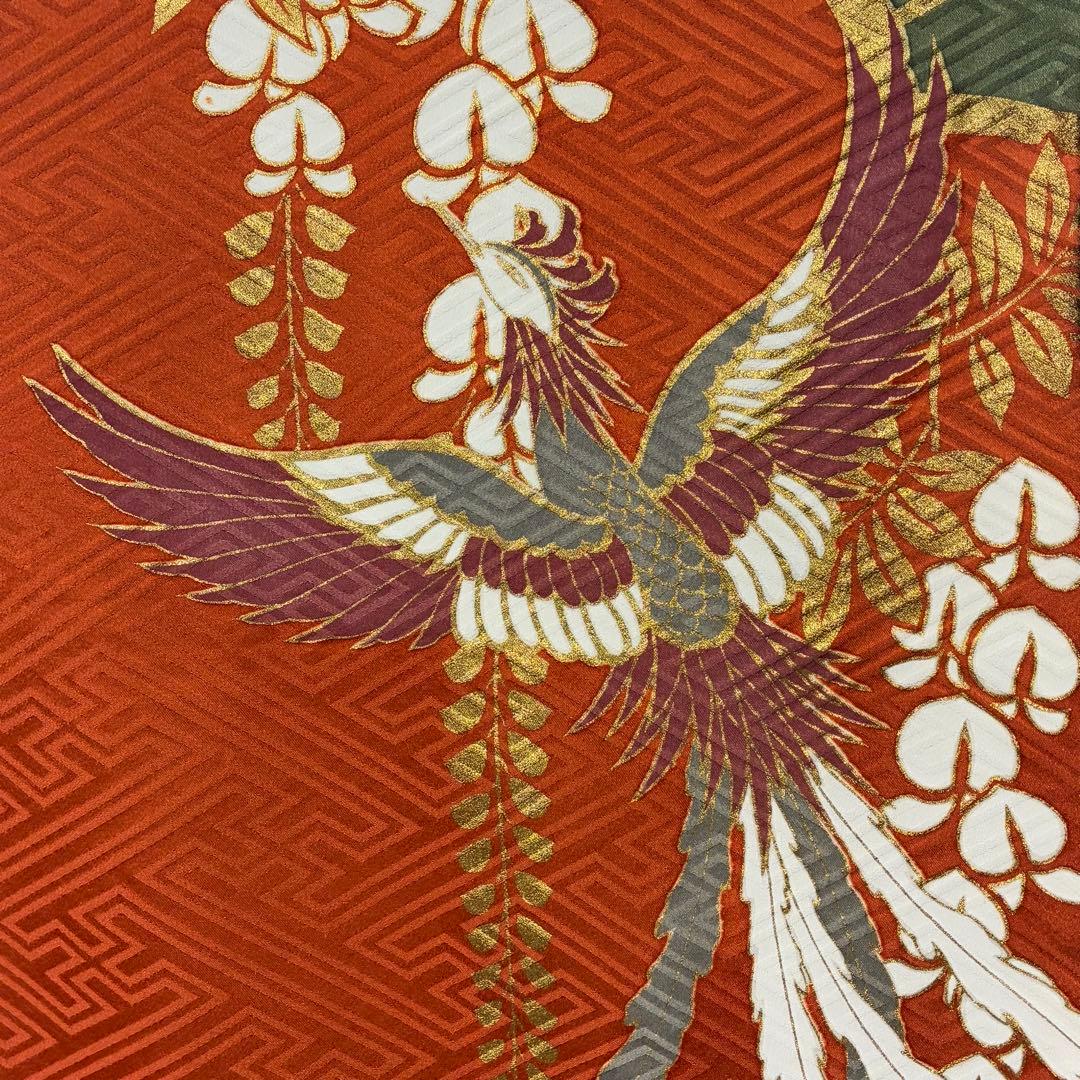 D177 振袖　鳳凰　藤の花　金彩　正絹　着物　袷　極美品