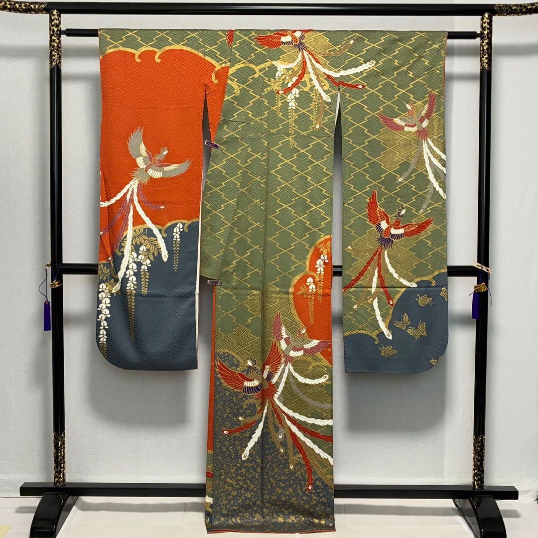 D177 振袖　鳳凰　藤の花　金彩　正絹　着物　袷　極美品