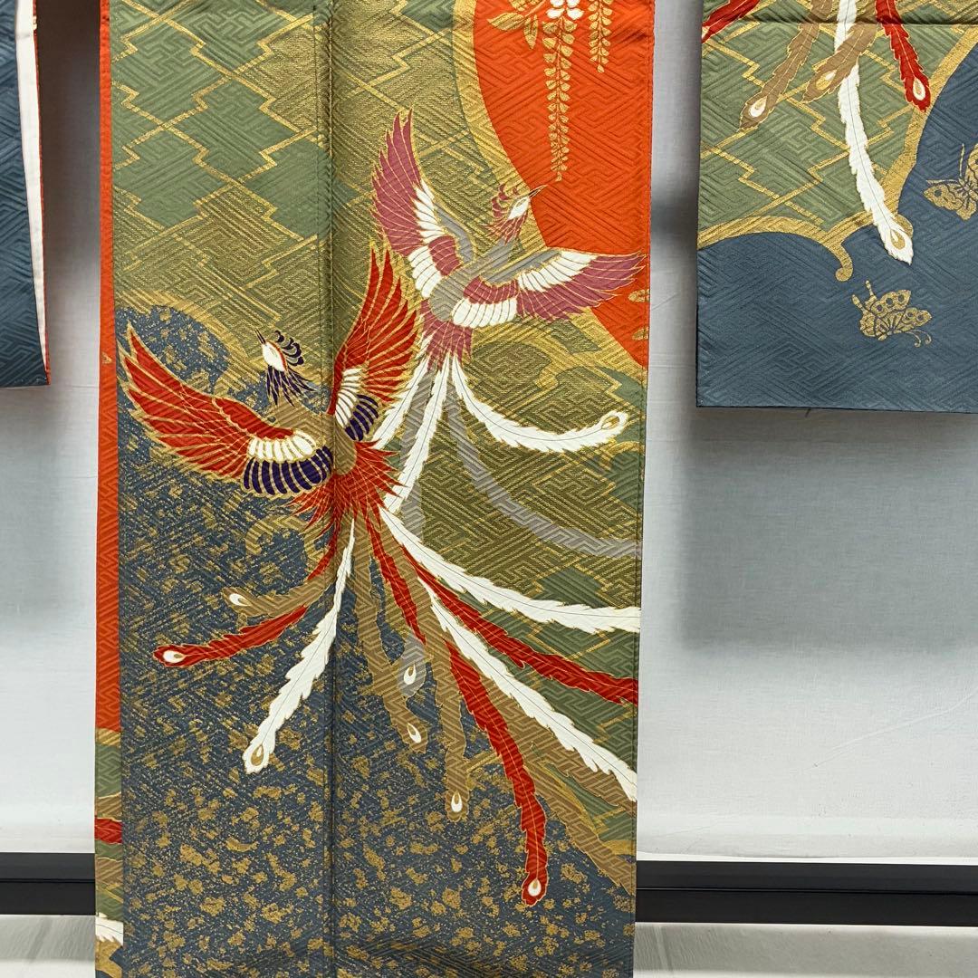 D177 振袖　鳳凰　藤の花　金彩　正絹　着物　袷　極美品