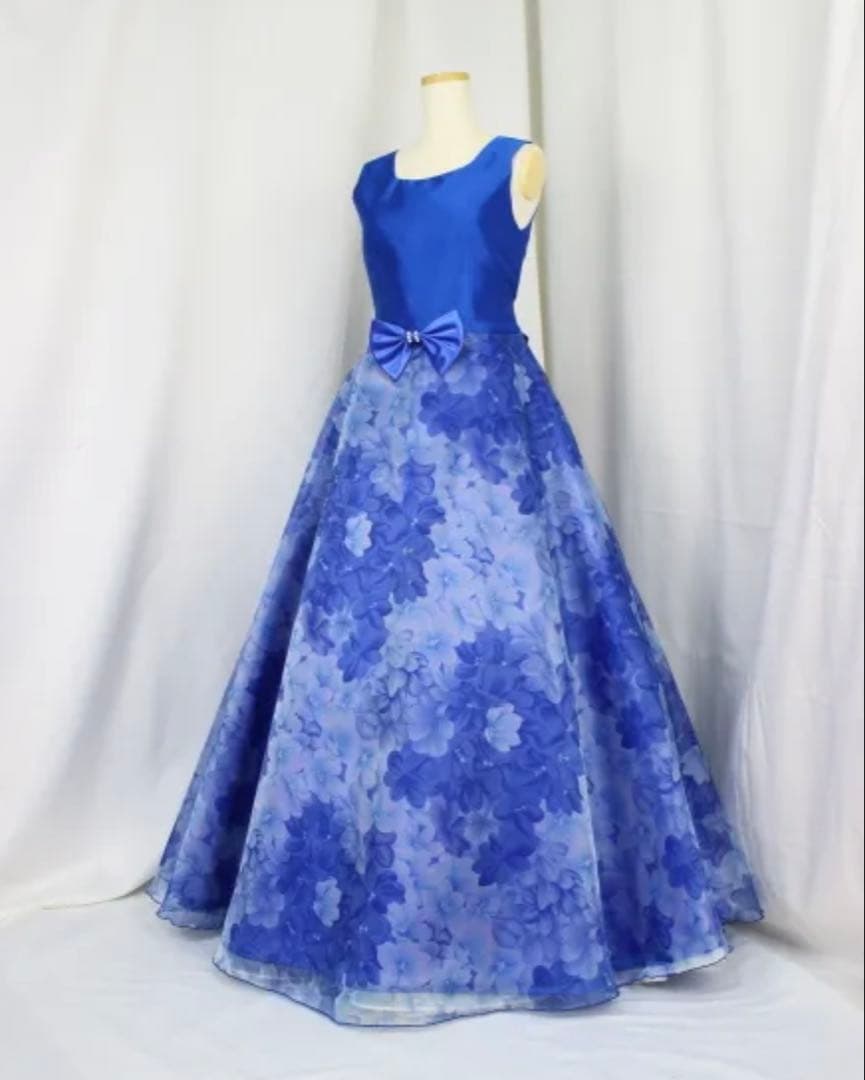 ゆめりすと 子供用ドレス ブルー 花模様 演奏会 発表会 シンプル