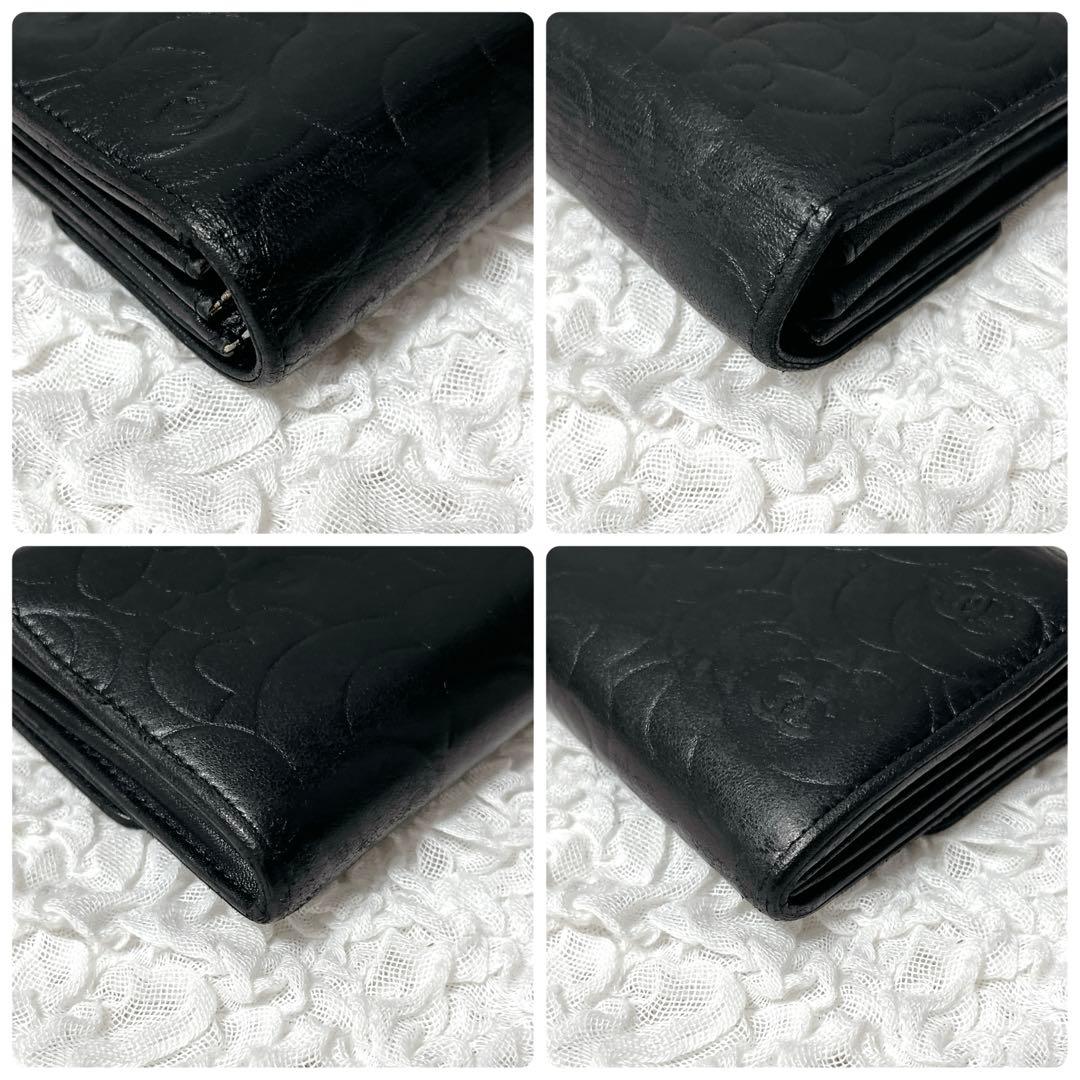 美品✨CHANEL シャネル ラムスキン カメリア 二つ折り財布　シルバー金具