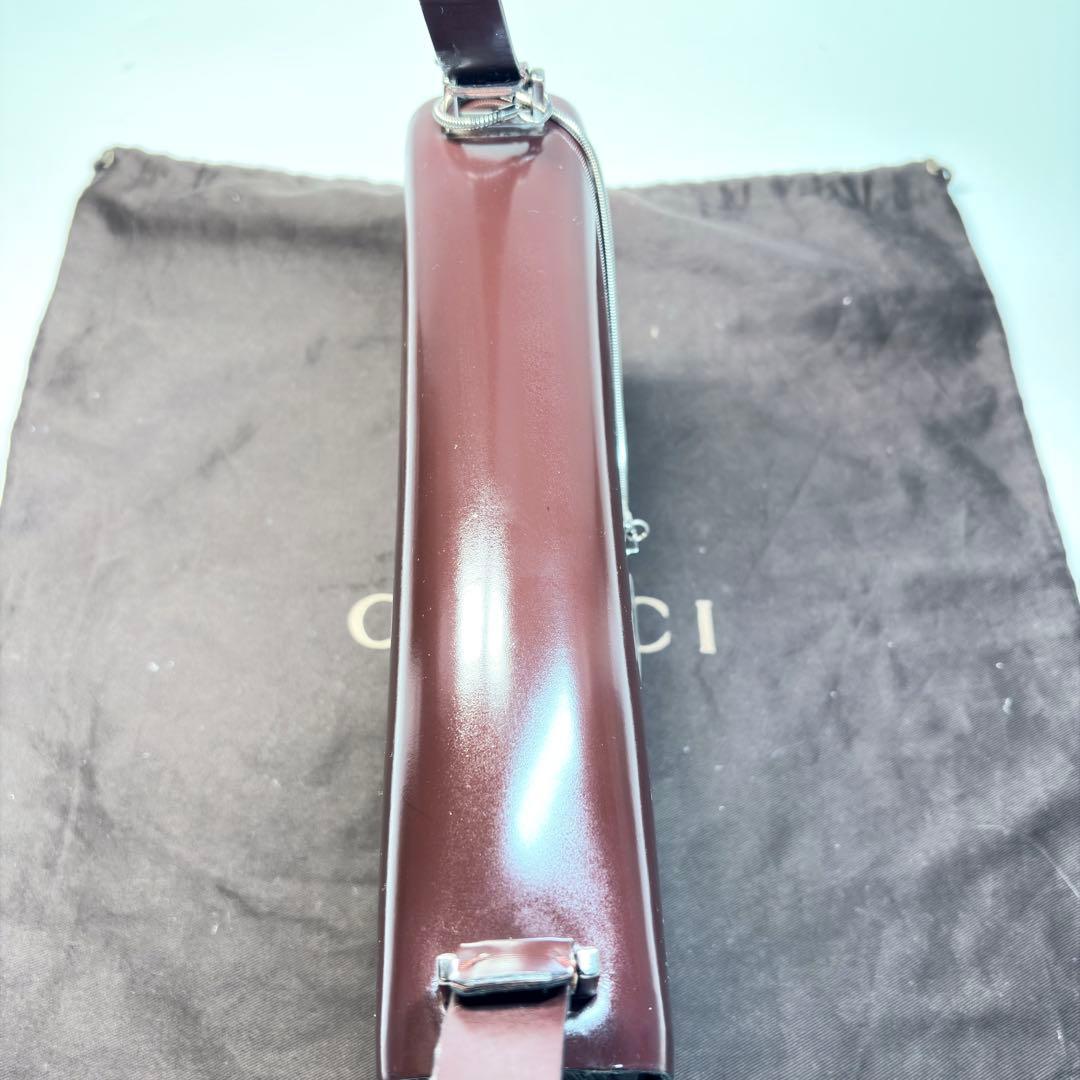 美品　GUCCI グッチ ショルダーバッグ エナメル ダークブラウン シルバー