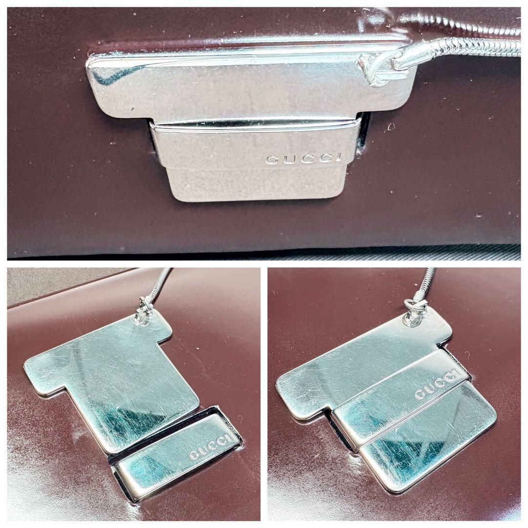 美品　GUCCI グッチ ショルダーバッグ エナメル ダークブラウン シルバー