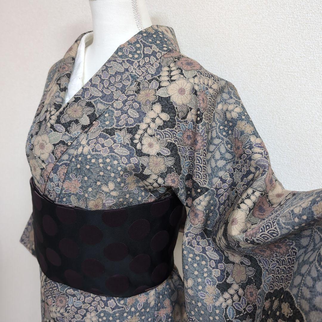 【三花】美品　洗える着物　辻ヶ花　グレー　鼠　袷　リサイクル　リユース