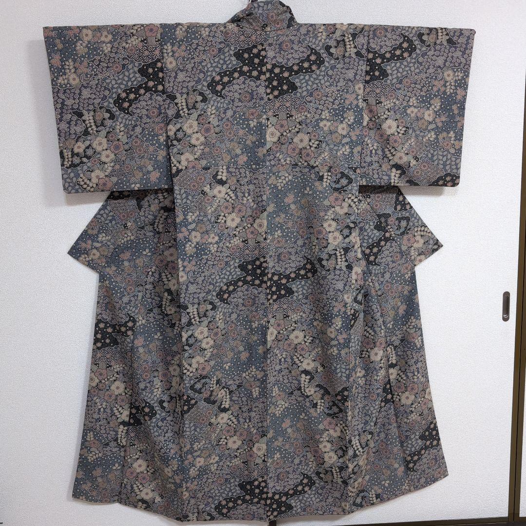 【三花】美品　洗える着物　辻ヶ花　グレー　鼠　袷　リサイクル　リユース