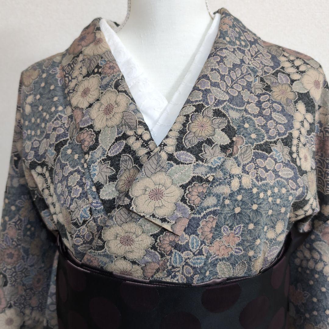 【三花】美品　洗える着物　辻ヶ花　グレー　鼠　袷　リサイクル　リユース