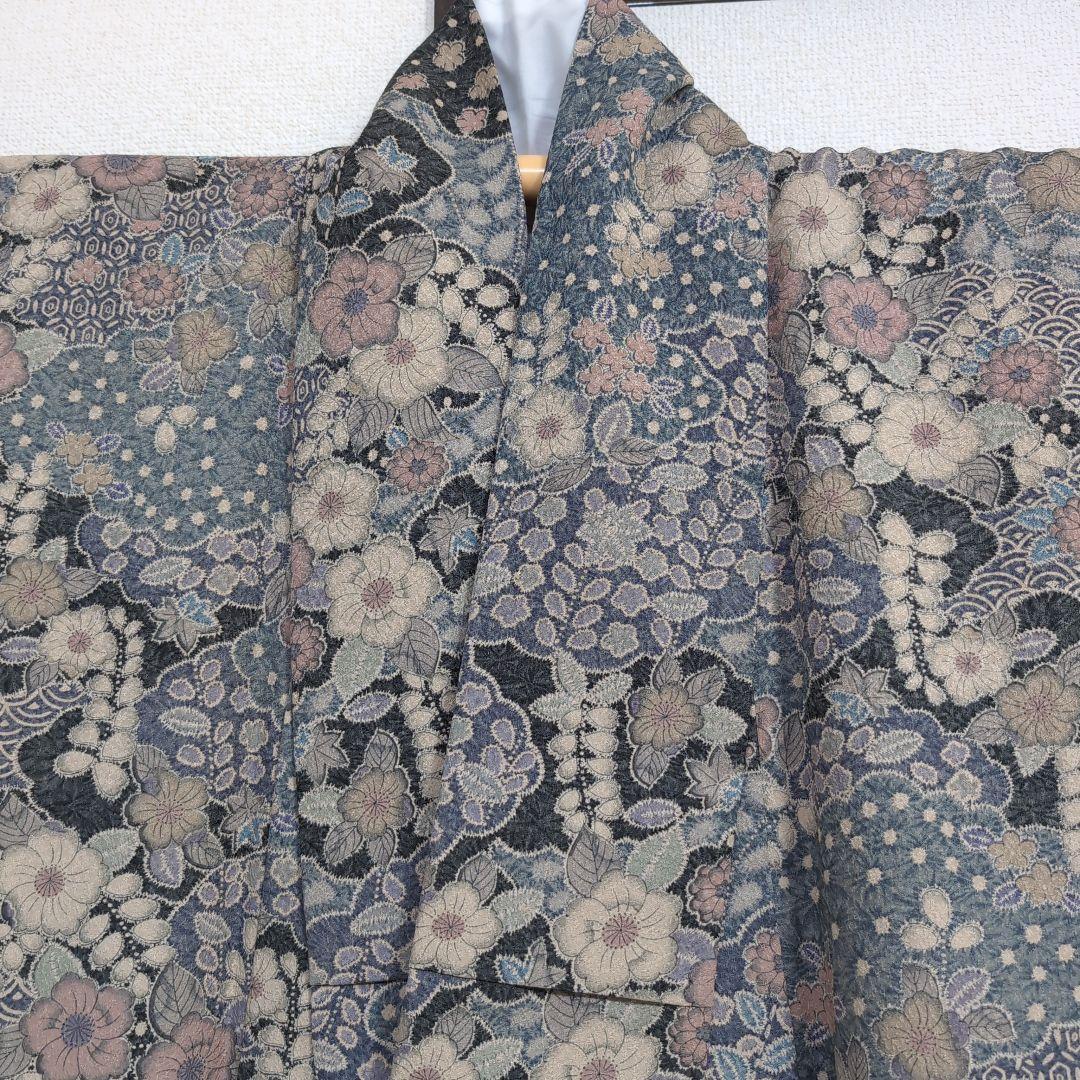 【三花】美品　洗える着物　辻ヶ花　グレー　鼠　袷　リサイクル　リユース