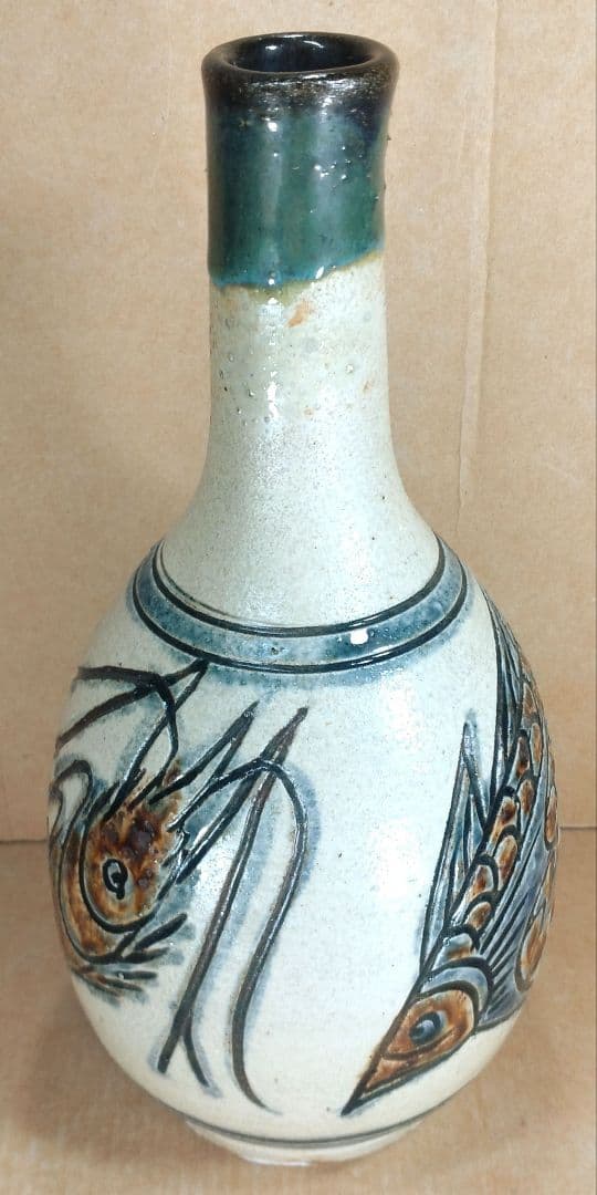【本物保証】金城次郎 海老魚紋つる首花瓶 共箱 栞 壷屋焼 人間国宝 やちむん
