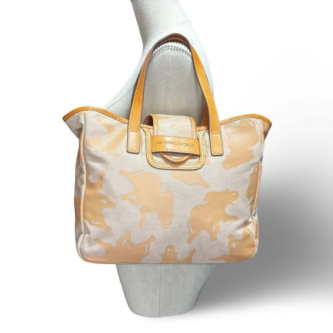 【良品】ハンティングワールド　トートバッグ　ロゴ柄　肩掛け　レザー　キャンバス