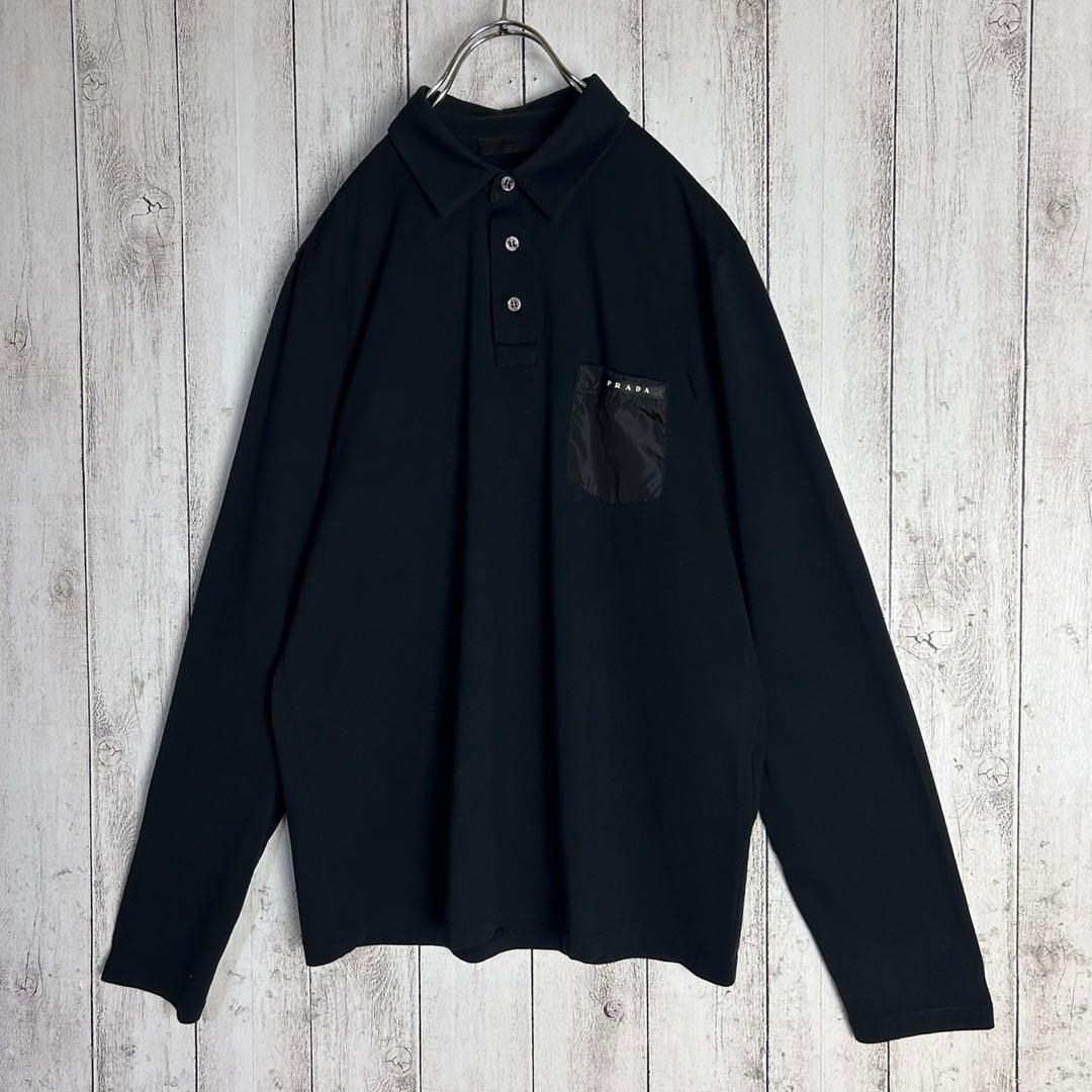 5996【人気ブラック】プラダ‪☆ラバーロゴ入り長袖ポロシャツ ナイロン切替