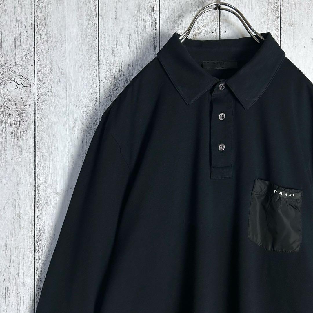 5996【人気ブラック】プラダ‪☆ラバーロゴ入り長袖ポロシャツ ナイロン切替
