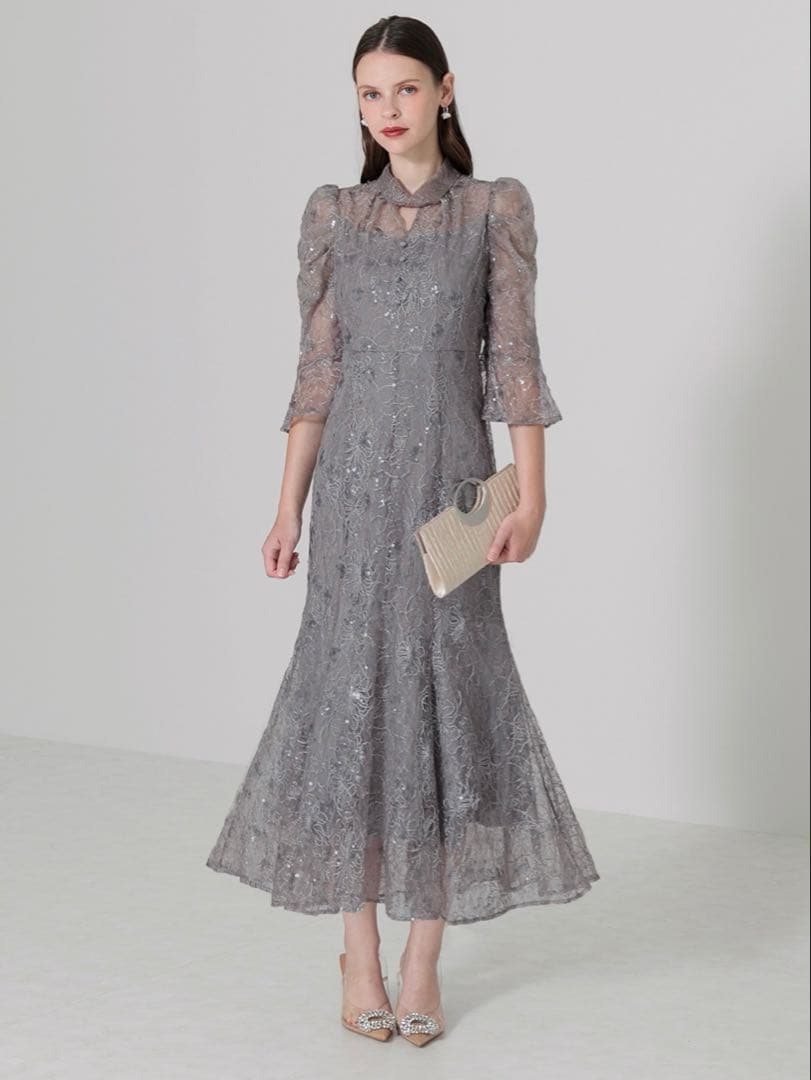 スパンコール花柄パフスリーブマーメイドワンピースドレス結婚式成人式パーティー