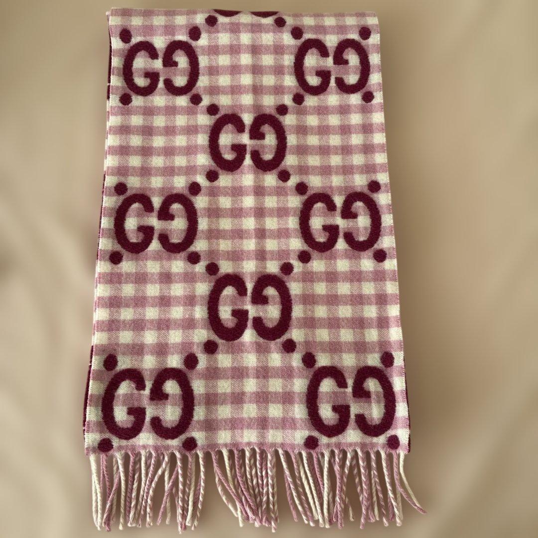 GUCCI チェック柄マフラー ピンク/パープル 35x240cm