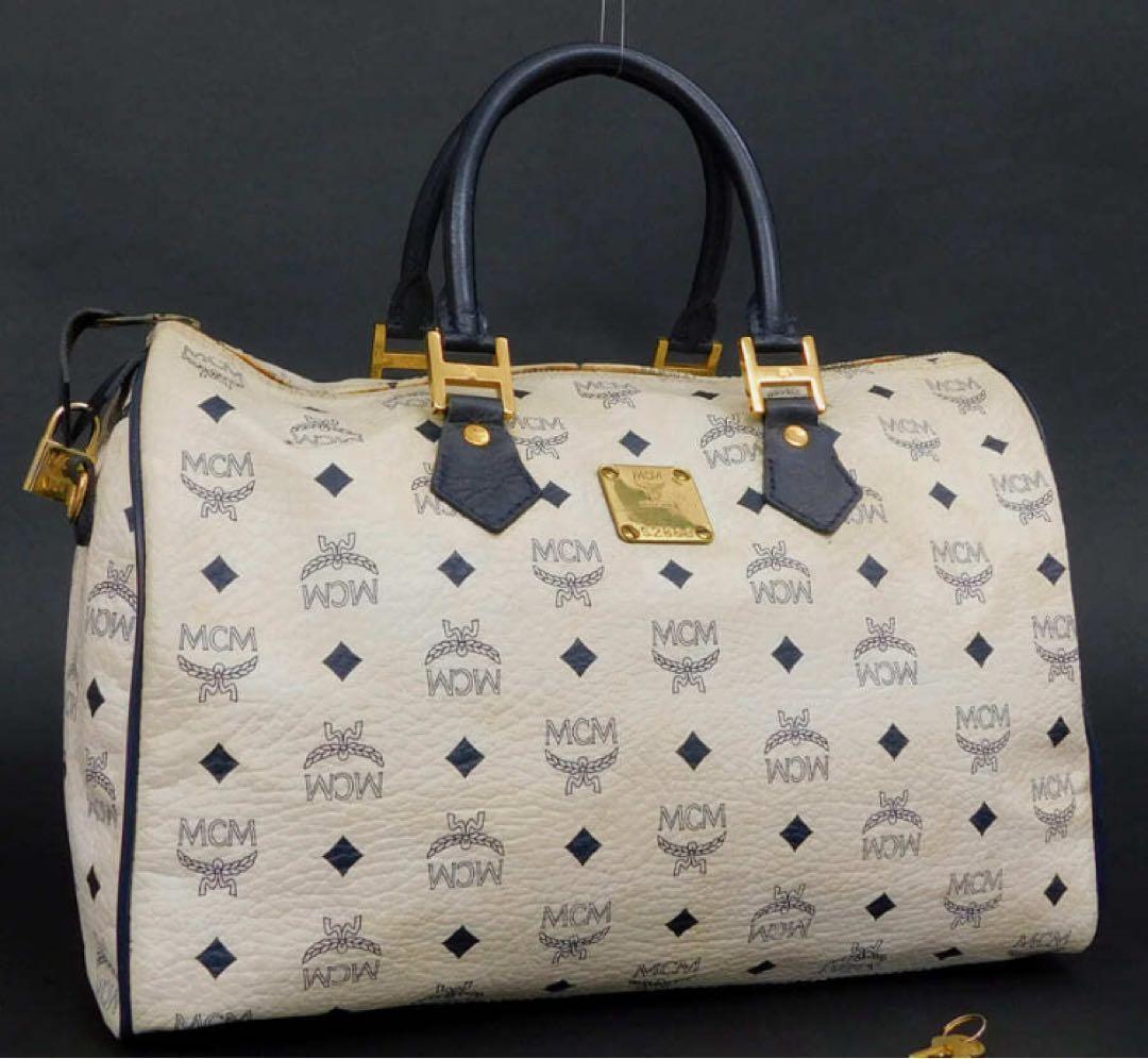 エムシーエム ミニボストンバッグ レザー ホワイト系 出張 旅行 MCM