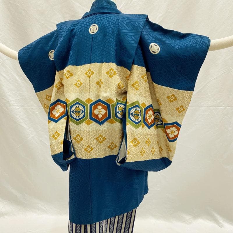 509ab47◎七五三 五歳 男児 着物&羽織&袴&角帯&長襦袢 亀甲 濃藍◎