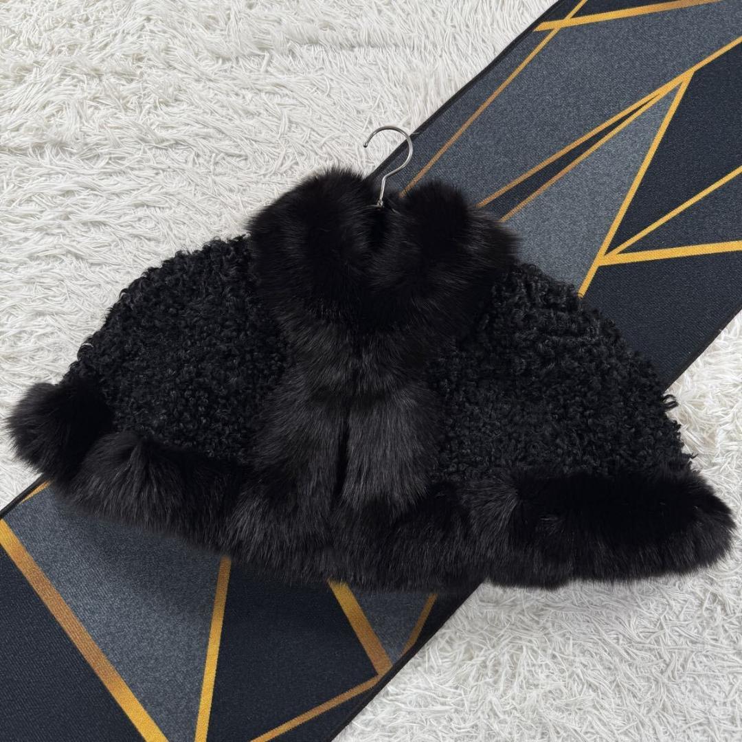 美品 エンバ フォックスファー ラム ポンチョ L相当 毛並み◎なめし柔らか