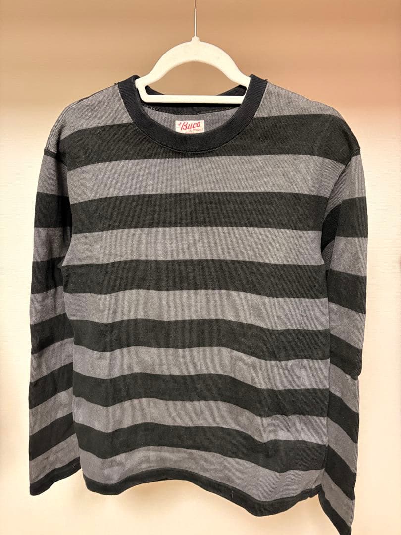 Buco グレーとブラックのストライプ長袖Tシャツ L