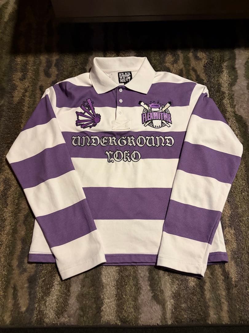 Flexwitme Fuckmylife 長袖ポロシャツ　紫白ストライプ