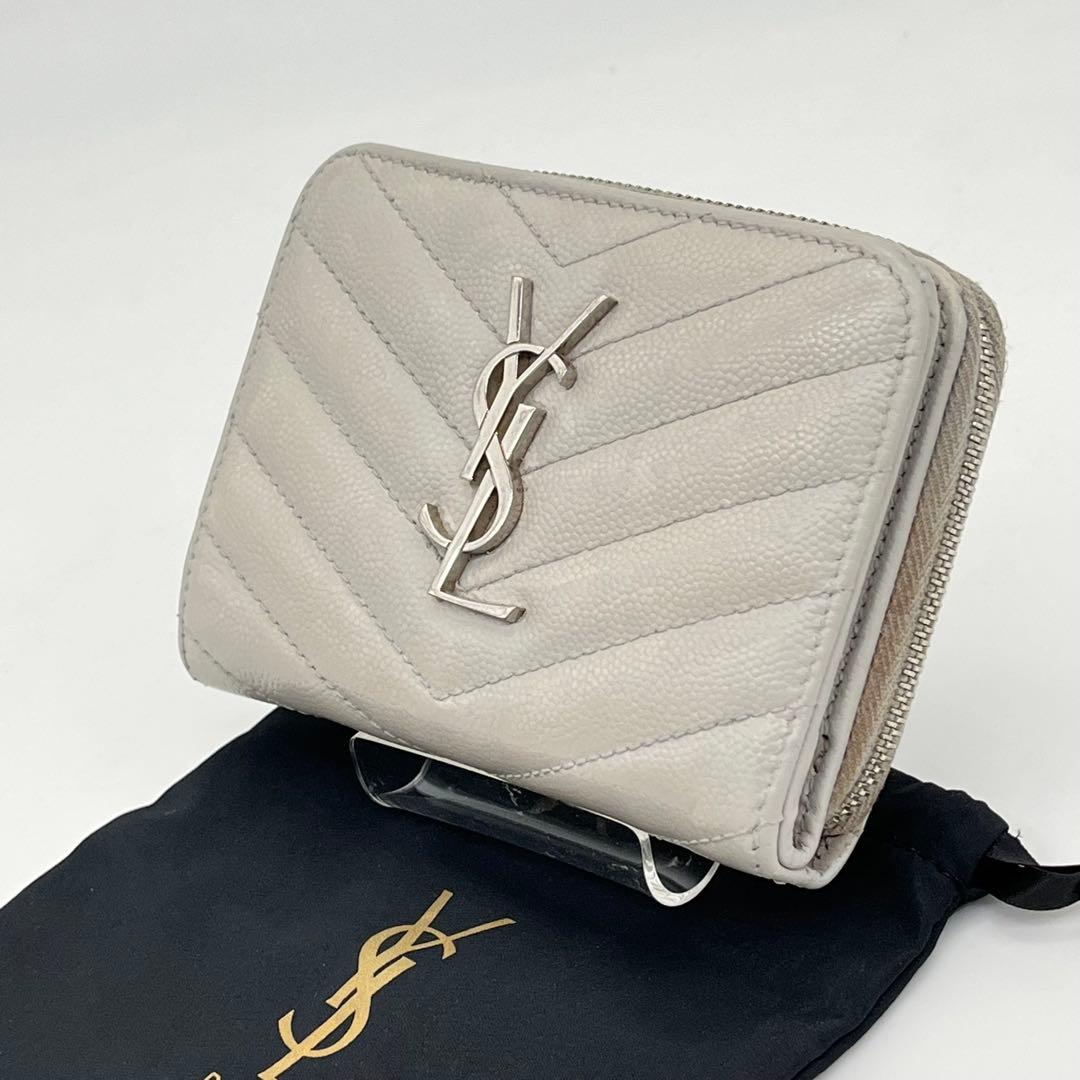 サンローラン 二つ折り財布 カサンドラ Vステッチ キャビアスキン 保存袋付き