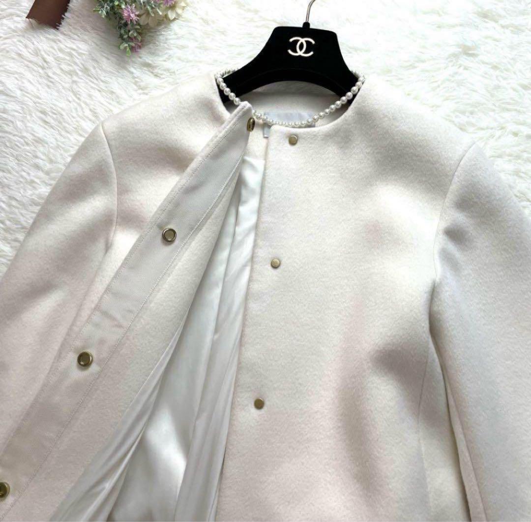 さくこあ様セルフォード ロングコート ノーカラーコート 白 ホワイト 38 秋冬