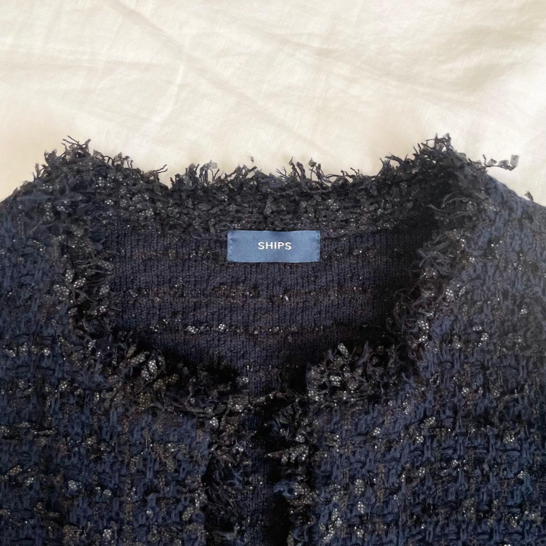 【美品】シップス　23AW ニット ツイード カーディガン　ネイビー 銀ボタン