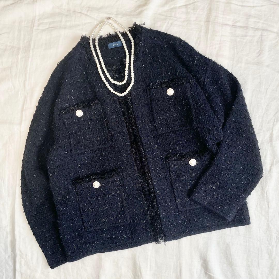 【美品】シップス　23AW ニット ツイード カーディガン　ネイビー 銀ボタン