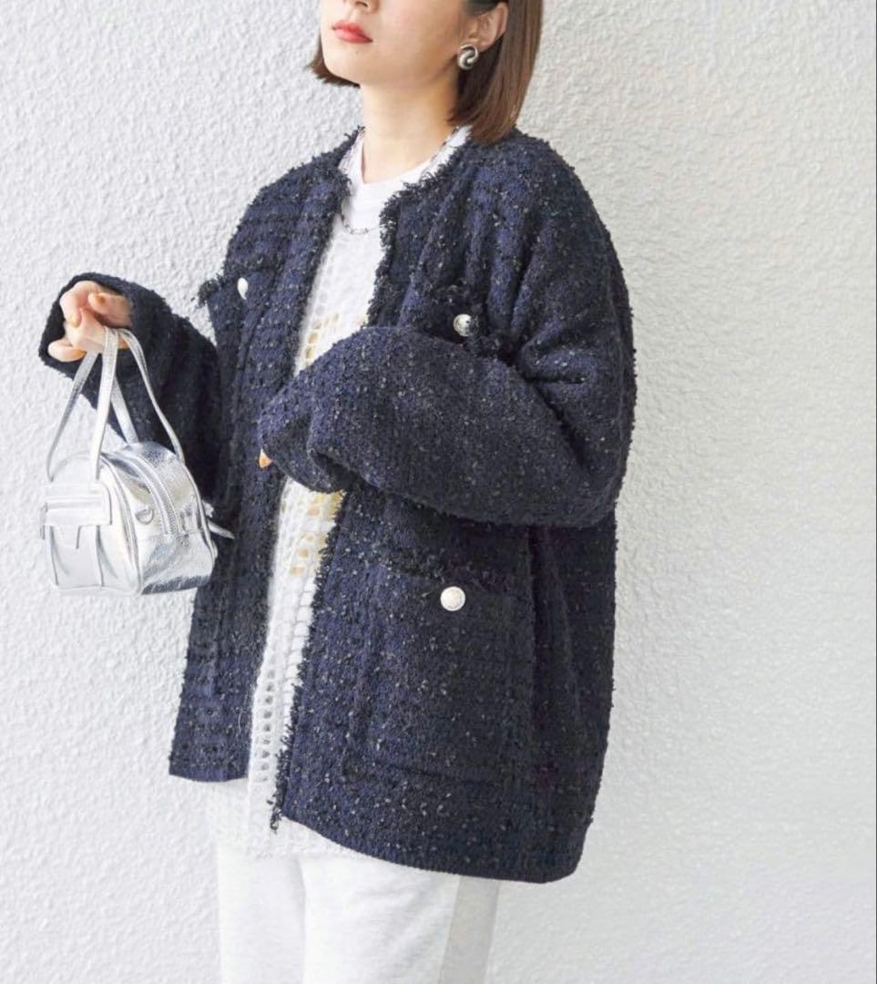 【美品】シップス　23AW ニット ツイード カーディガン　ネイビー 銀ボタン