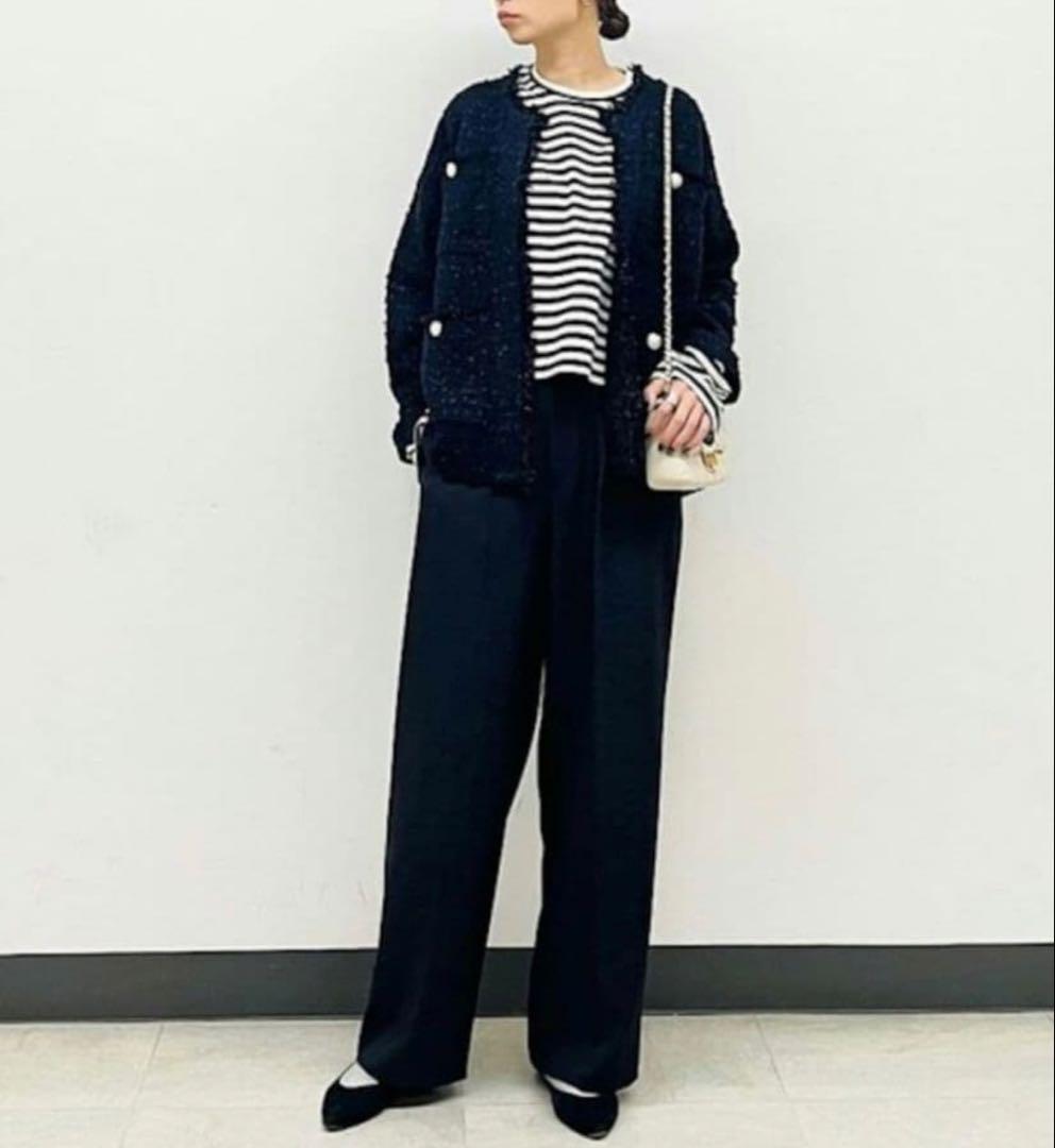 【美品】シップス　23AW ニット ツイード カーディガン　ネイビー 銀ボタン