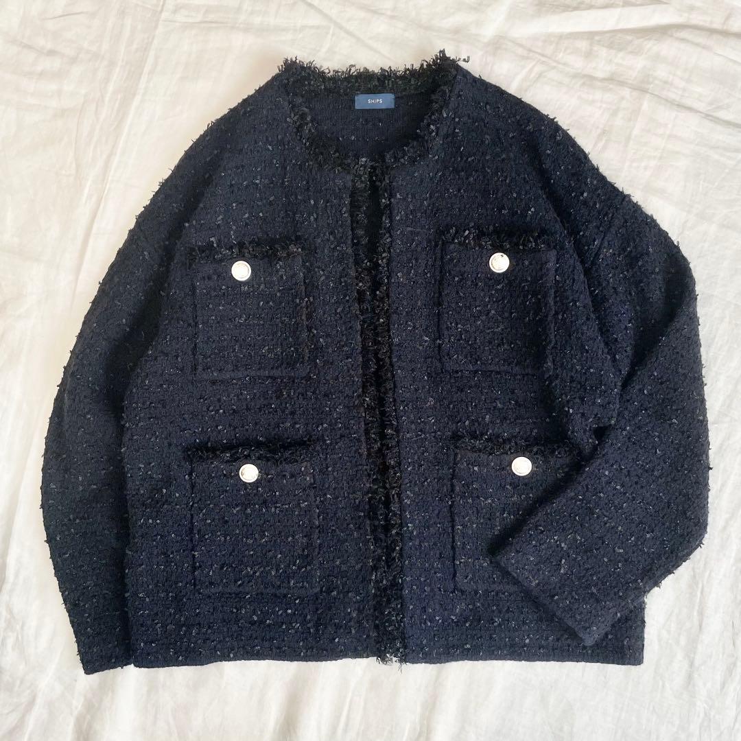 【美品】シップス　23AW ニット ツイード カーディガン　ネイビー 銀ボタン
