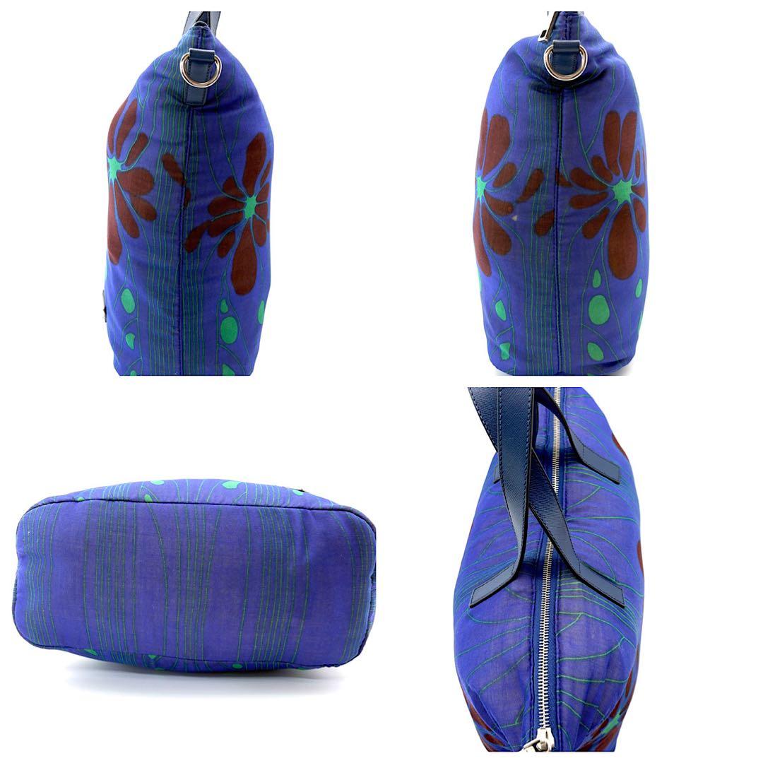 【美品・希少】PRADA　トートバック　花柄　2way　三角ロゴ　A4可　ブルー