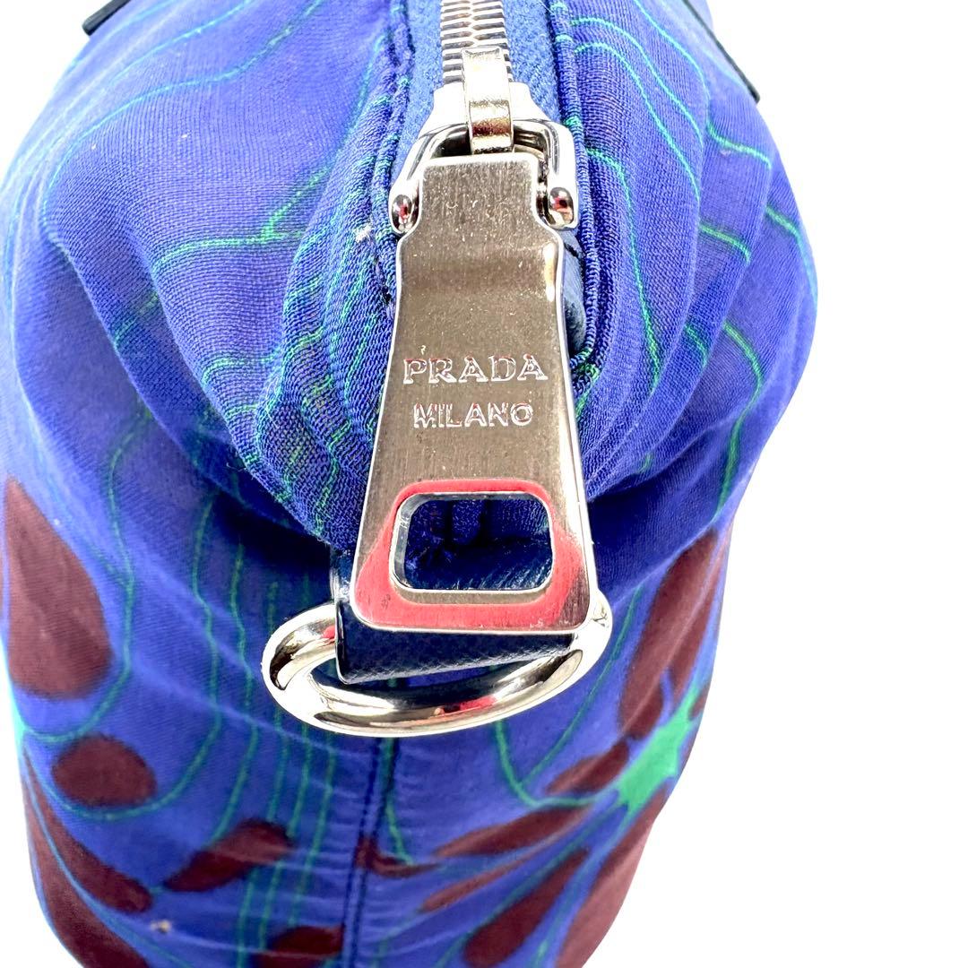 【美品・希少】PRADA　トートバック　花柄　2way　三角ロゴ　A4可　ブルー