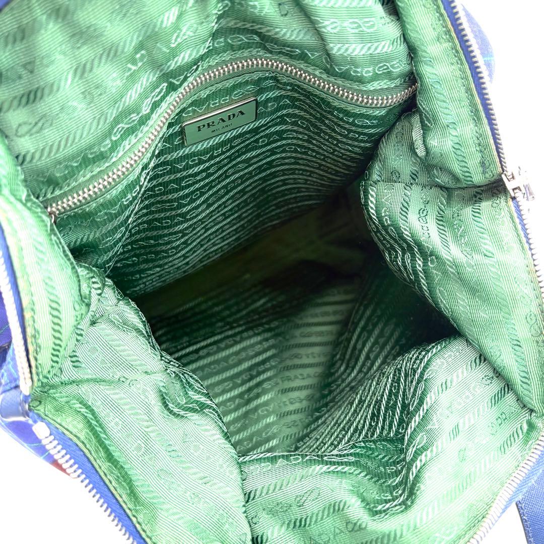 【美品・希少】PRADA　トートバック　花柄　2way　三角ロゴ　A4可　ブルー